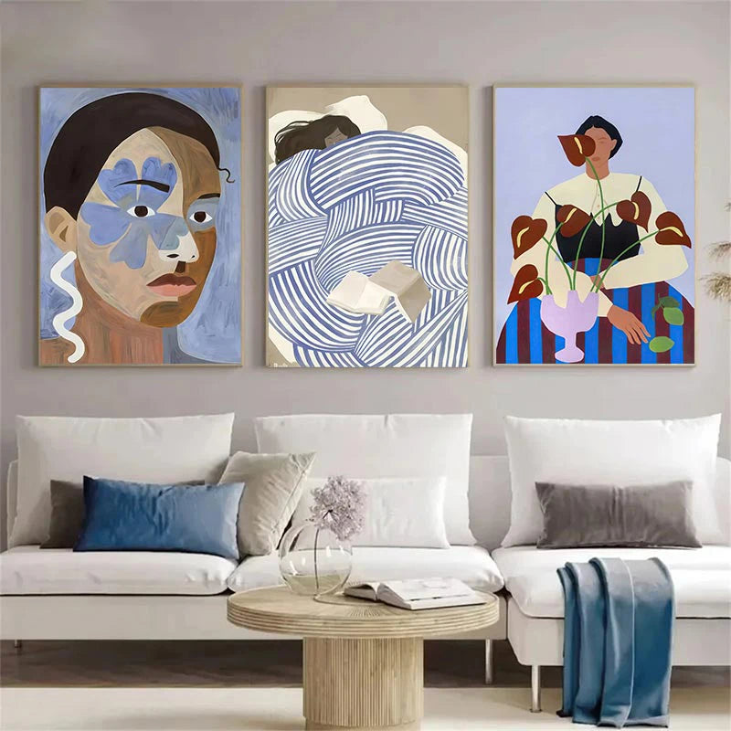 Abstract Blue Geometric Face Lines Canvas Painting